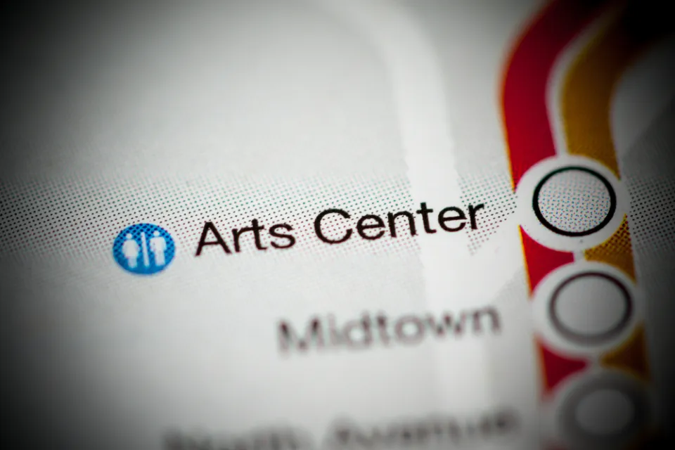 A map of the MARTA rail system highlighting the Arts Center Station.